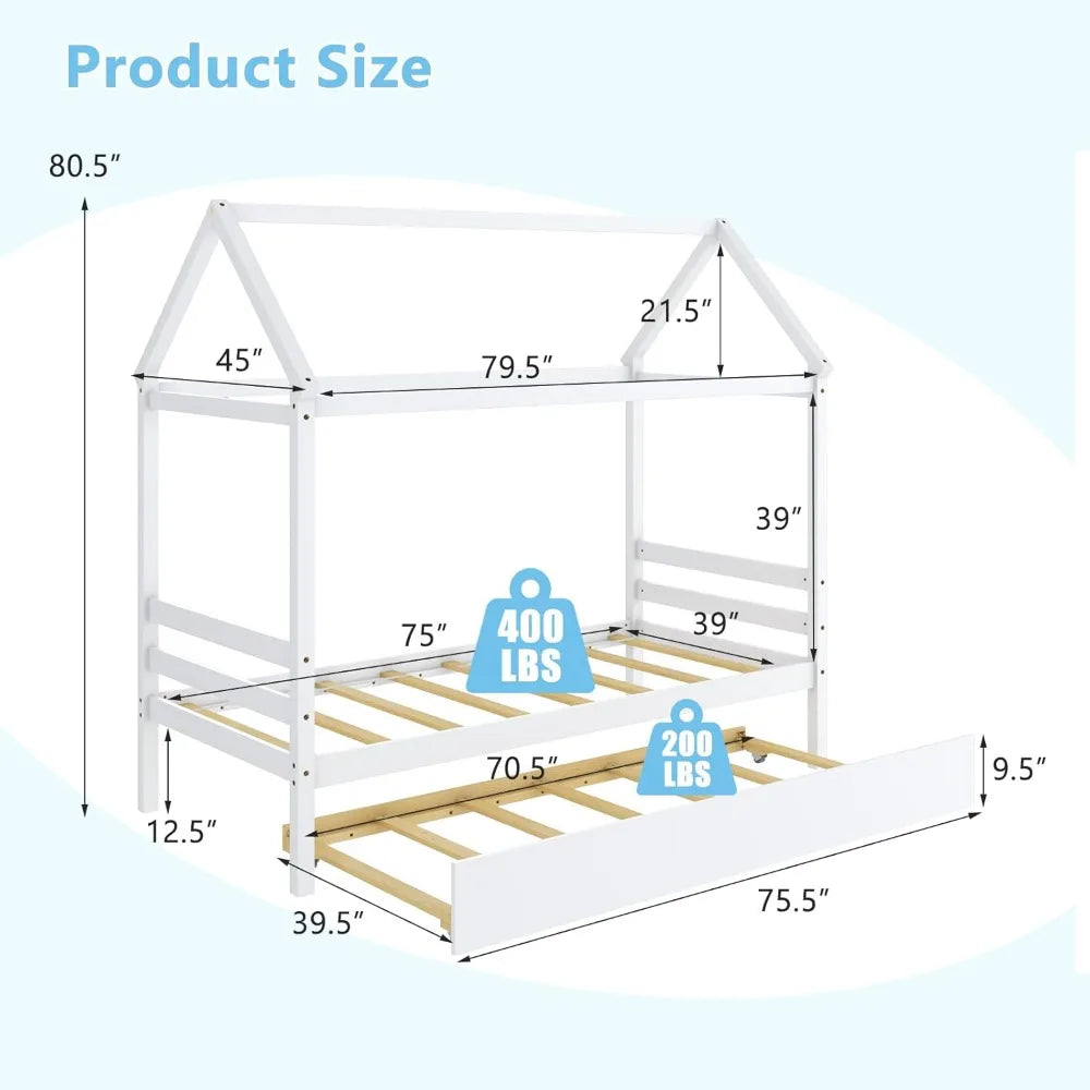 Cama nido para dos personas, estructura de cama tipo casita de madera maciza, sofá cama para niños con techo para niñas y niños, sin somier