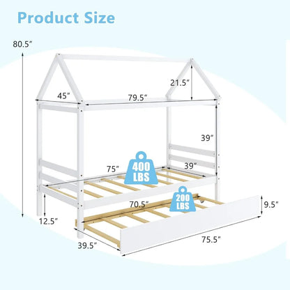 Twin House Bed with Trundle, Solid Wood Playhouse Platform Bed Frame, Kids Daybed with Roof for Girls & Boys, No Box Spring