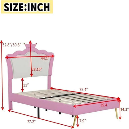 Cama de princesa de tamaño doble con cajones de almacenamiento para niñas, lindo marco de cama de tamaño doble para niños, marco de cama tapizado doble con LE