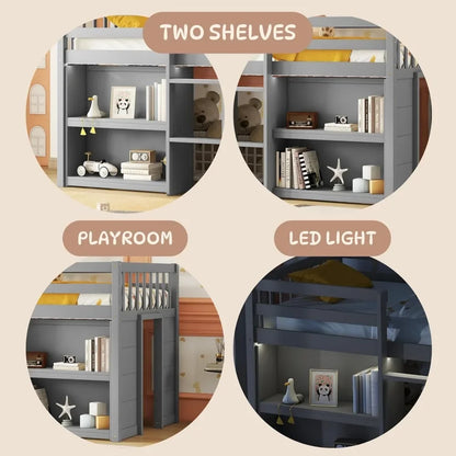 Twin Size Low Loft Bed with Storage Shelves,with LED Light and Shelves, Strong Wood Slats Support Wood Kids Twin Loft Bed