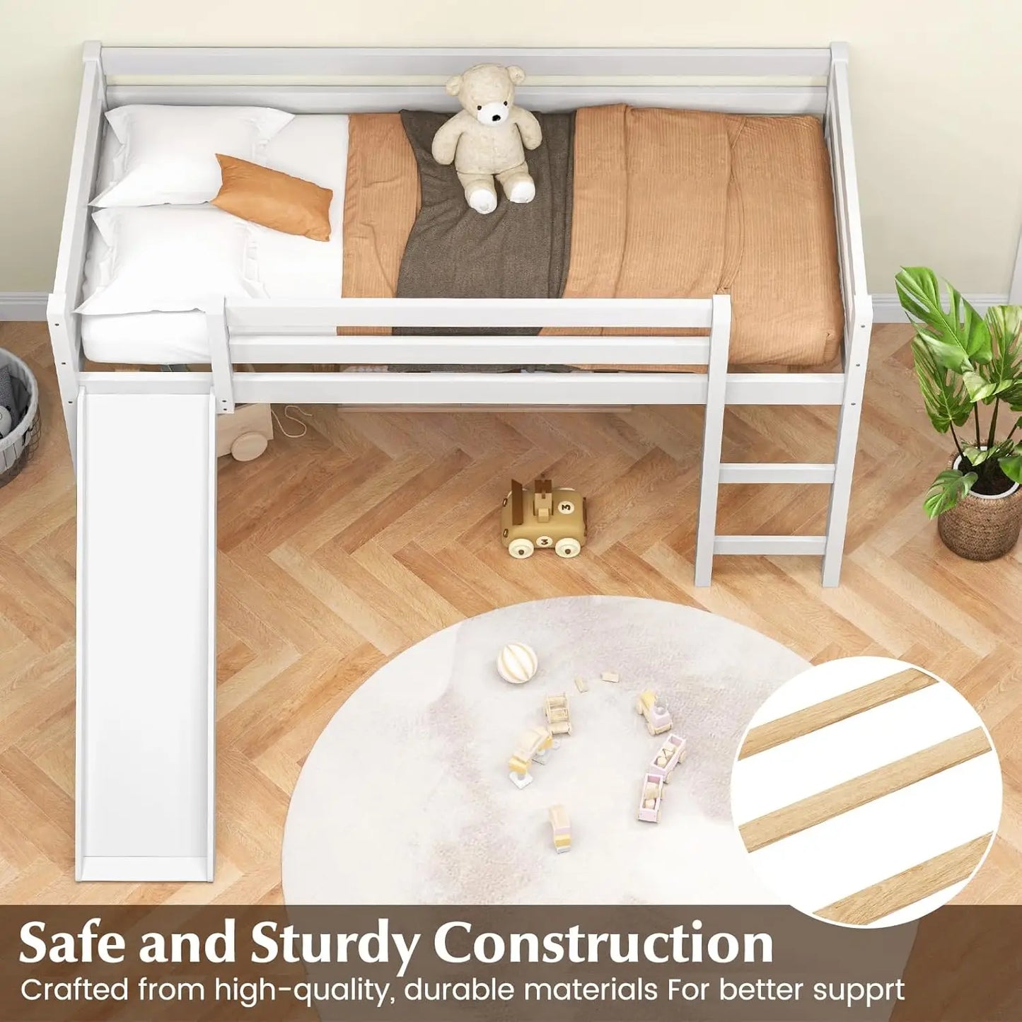 Cama alta doble con tobogán, cama alta baja con escaleras, estructura de cama alta doble de madera maciza para niñas y niños con escaleras de escalada y protección Ra