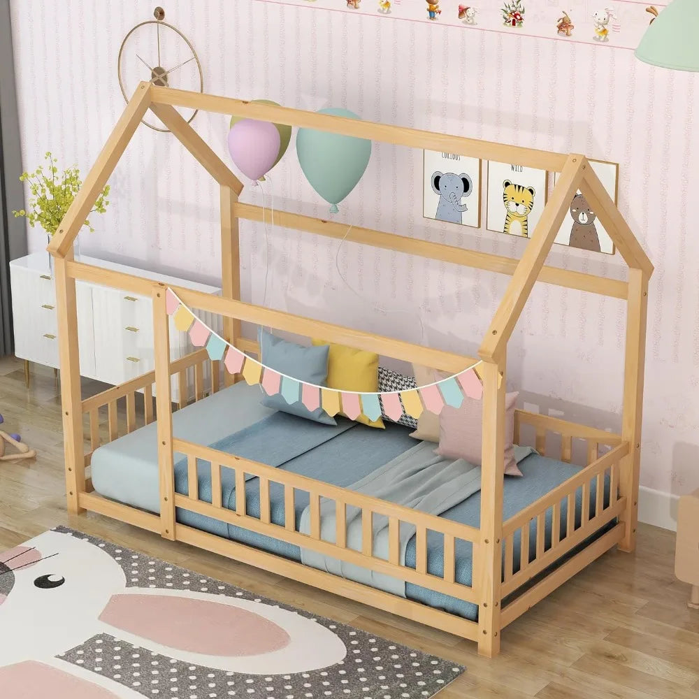 Lit double au sol, lit Montessori en bois avec clôture et toit pour enfants, cadre de lit double Playhouse pour filles