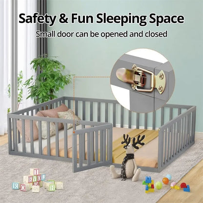 Size Montessori Floor Bed, Multifunctional Wood Bed Frame with Fence & Door for Children Boys Girls Bedroom Living Room, Without