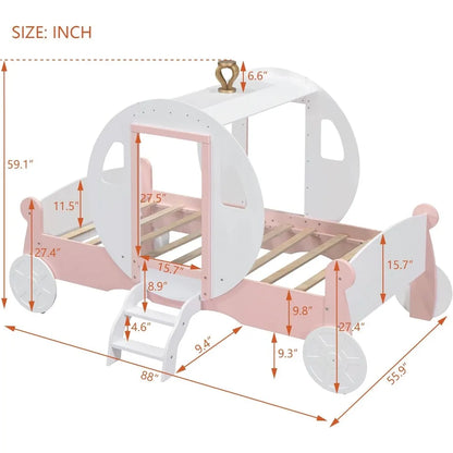 Marco de cama tipo carruaje de princesa de tamaño doble para niños, niñas y niños pequeños con corona, plataforma de madera, cama tipo carruaje con escalera, muebles para niños