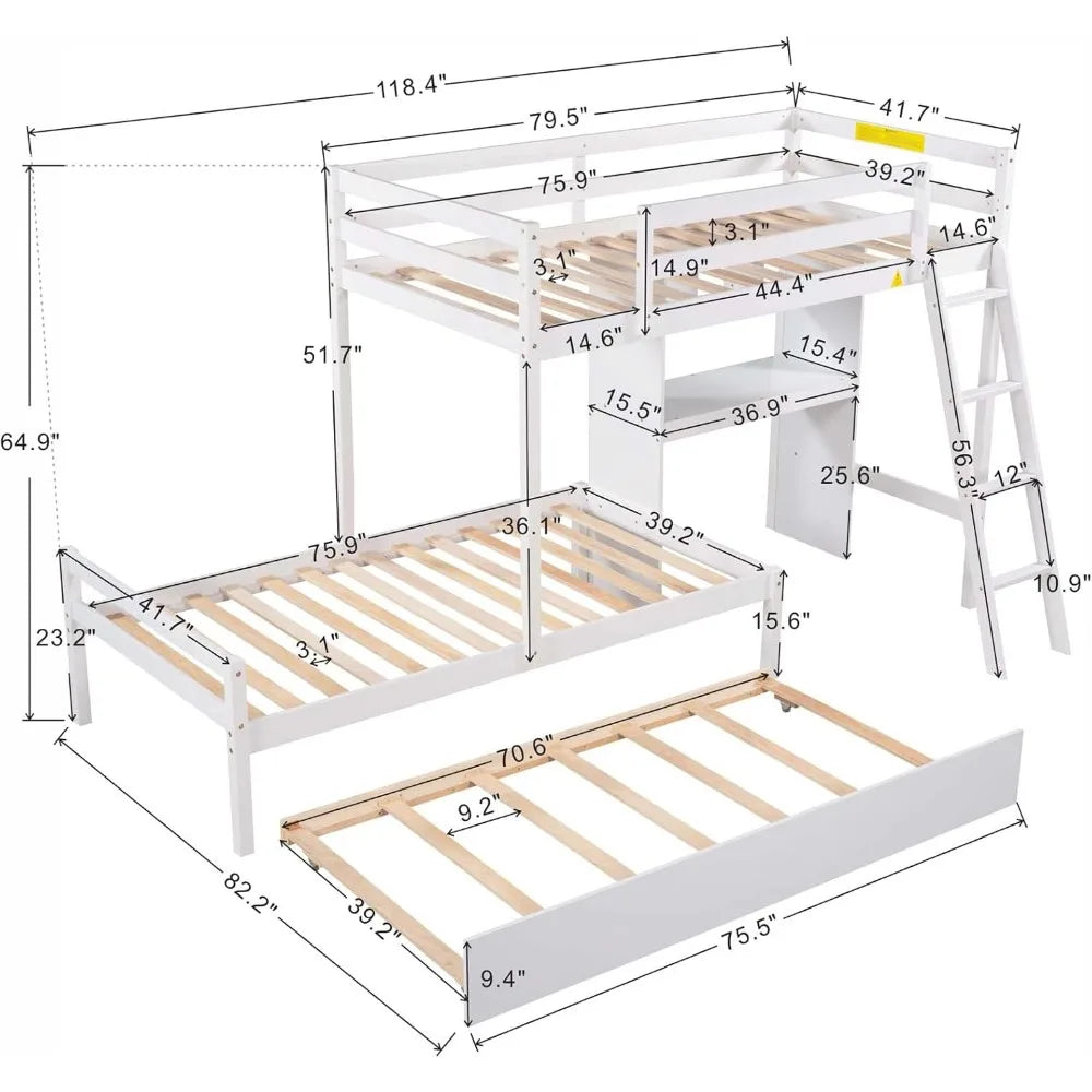 Litera doble sobre dos camas individuales, con escritorio incorporado convertible y cama abatible, no requiere somier, cama alta con cama nido y escalera