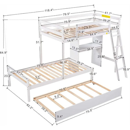 Litera doble sobre dos camas individuales, con escritorio incorporado convertible y cama abatible, no requiere somier, cama alta con cama nido y escalera