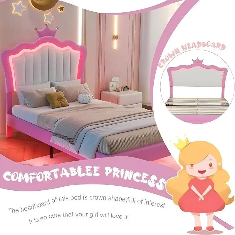 Twin Size Princess Bed with Storage Drawers for Girls,Cute Twin Size Bed Frame for Kids,Twin Upholstered Bed Frame with LE