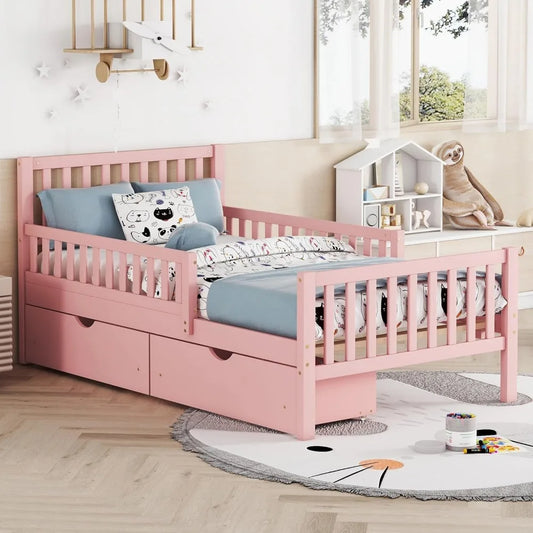 Kids Twin Bed with Guardrails, Low Platform Bed with Headboard and Footboard