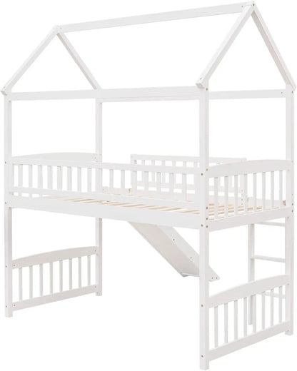 Merax House Loft Bunk Bed Frames with Slide No Box Spring Needed for Teens, Girls or Boys