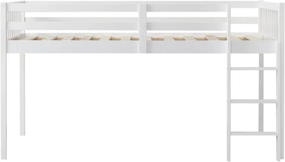 Cama alta doble con estructura de cama baja para niños pequeños, habitación pequeña, techo bajo, con barandilla y escalera, color blanco