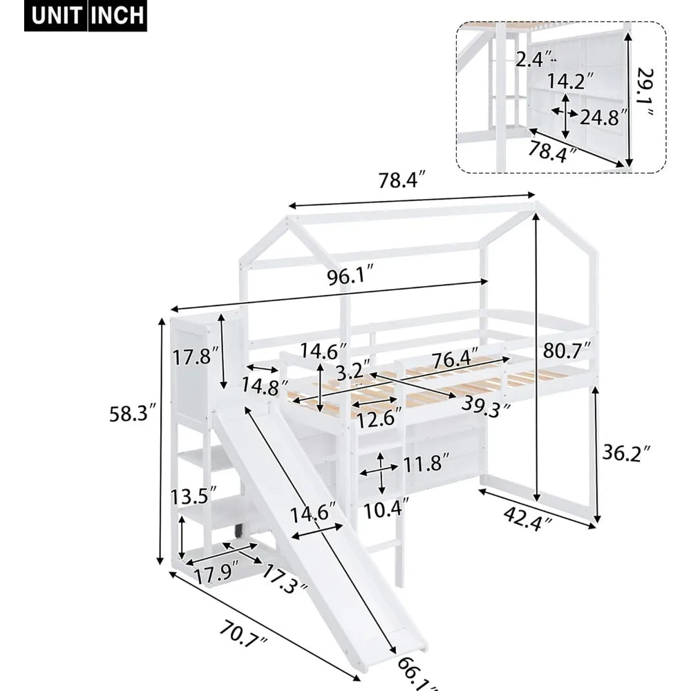 Cama alta tipo loft de tamaño doble con tobogán, estantes de almacenamiento y luz, rampa para trepar, estructura baja para dormitorio de niños, niñas y niños