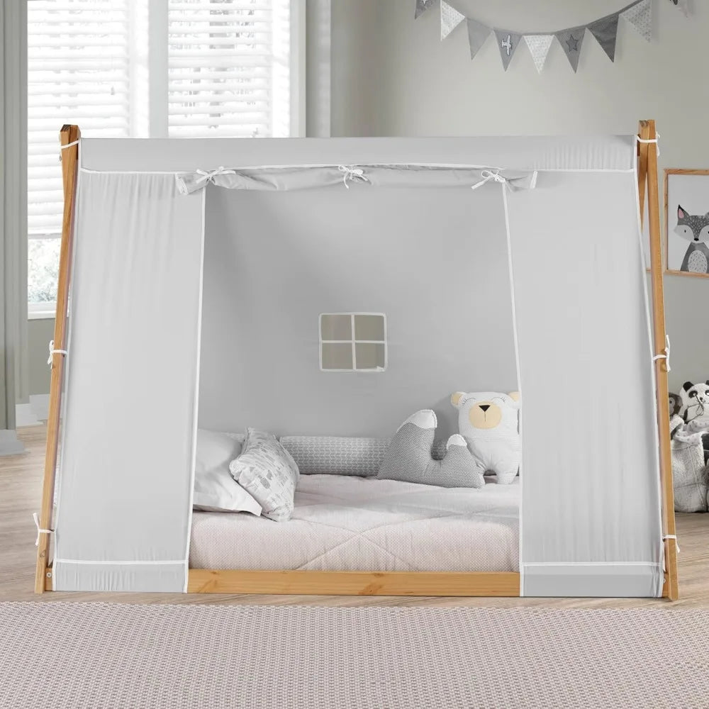 New P'kolino Tent Twin Floor Bed - Natural or White Frame, Grey, Children’s Bedroom Furniture (Natural Frame)