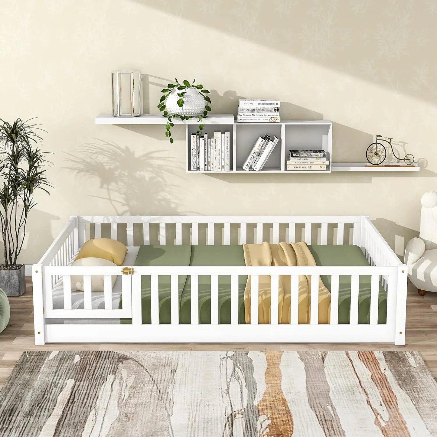 Twin Floor Bed for Children, Sturdy Wood Bed Frame with Wood Slats, High Fence & Small Door