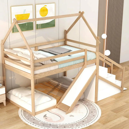 Litera Merax Twin sobre Twin con tobogán y escaleras de almacenamiento para 2 niños, niñas y adolescentes, estructura de cama tipo casa de madera y cama de tamaño completo