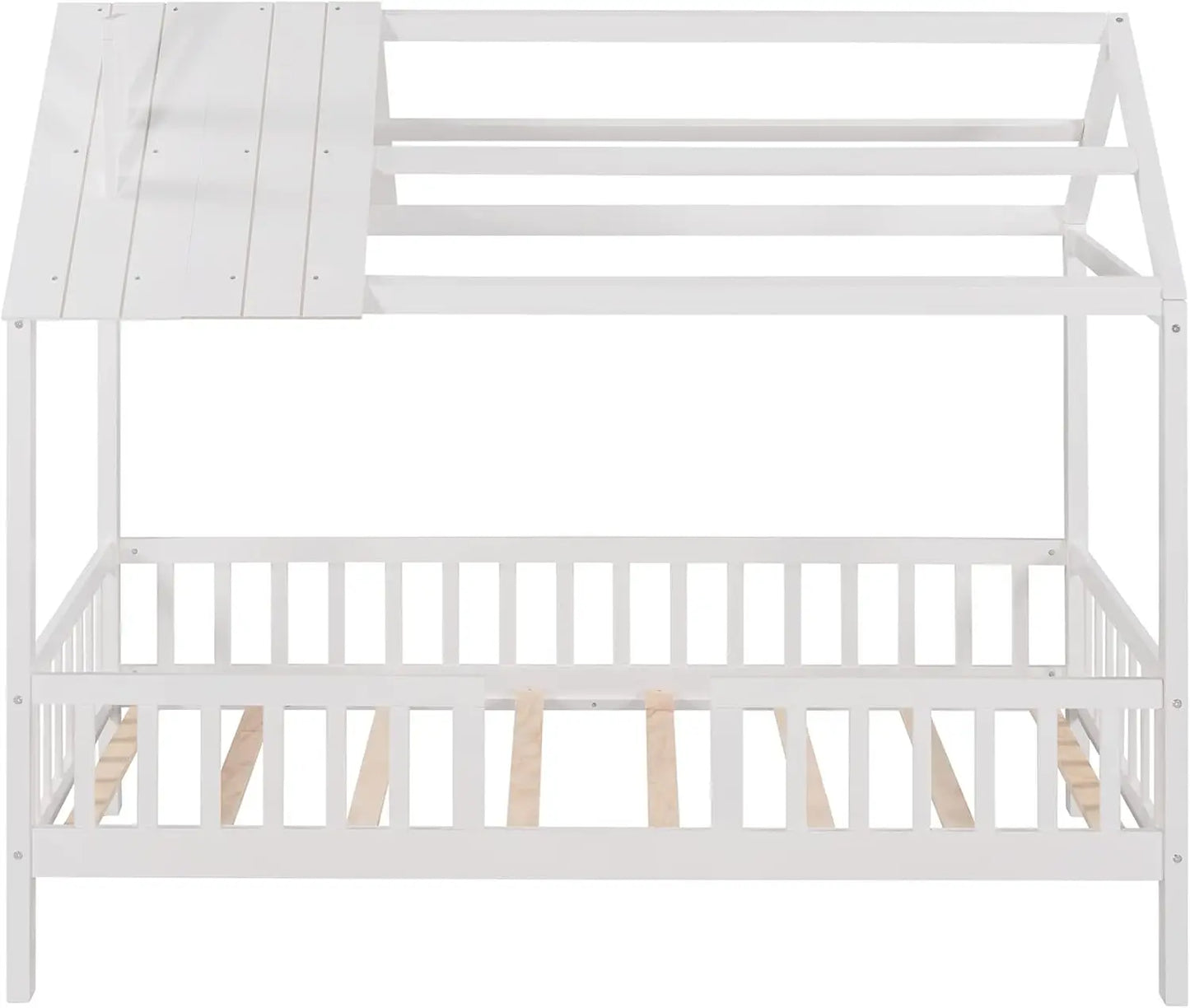 Lit double pour enfants, cadre de lit double en bois, cadre de lit plate-forme en forme de maison avec fenêtres de toit et rails de sécurité sur toute la longueur