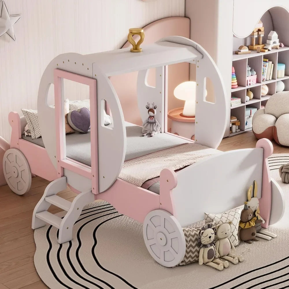 Twin Size Princess Carriage Bed Frame for Boys Girls Kids Toddler with Crown,Wood Platform Car Bed with Stair Children Furniture