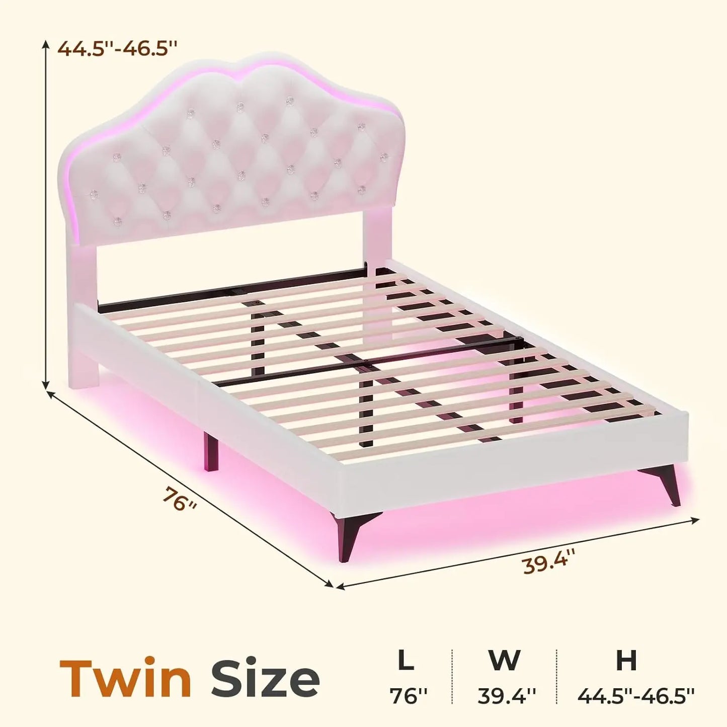 Twin Bed Frame with LED Lights, Princess Bed Frame with Adjustable Crystal Button Headboard, Velet Upholstered Plat