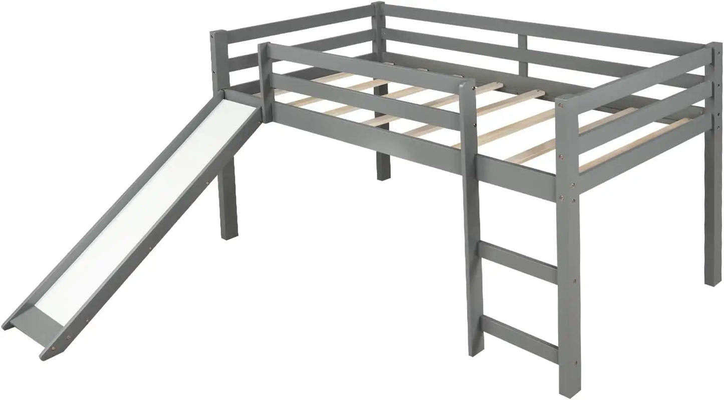 Cama alta con tobogán y escalera para niños, cama alta, cama doble de madera para niños con tobogán, diseño multifuncional, cama de perfil bajo de madera