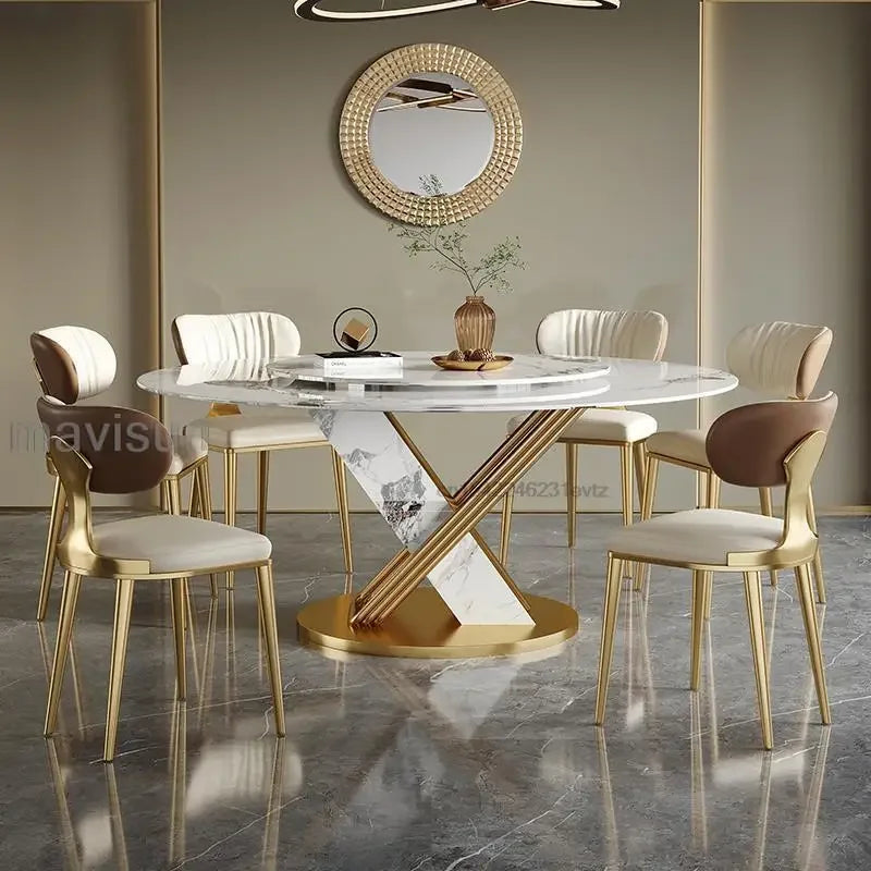 Mesa de comedor redonda, muebles para sala de estar, centro giratorio de 360°, mesa de cocina con marco de acero de diseño, juego de sillas para restaurante