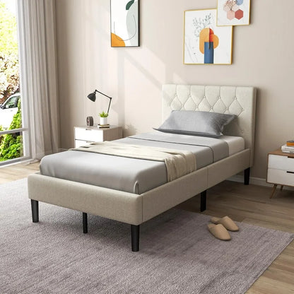 Twin Bed Frames for Kids, Modern Upholstered Platform Bed with Button Tufted Headboard, Wooden Slats Support Mattress