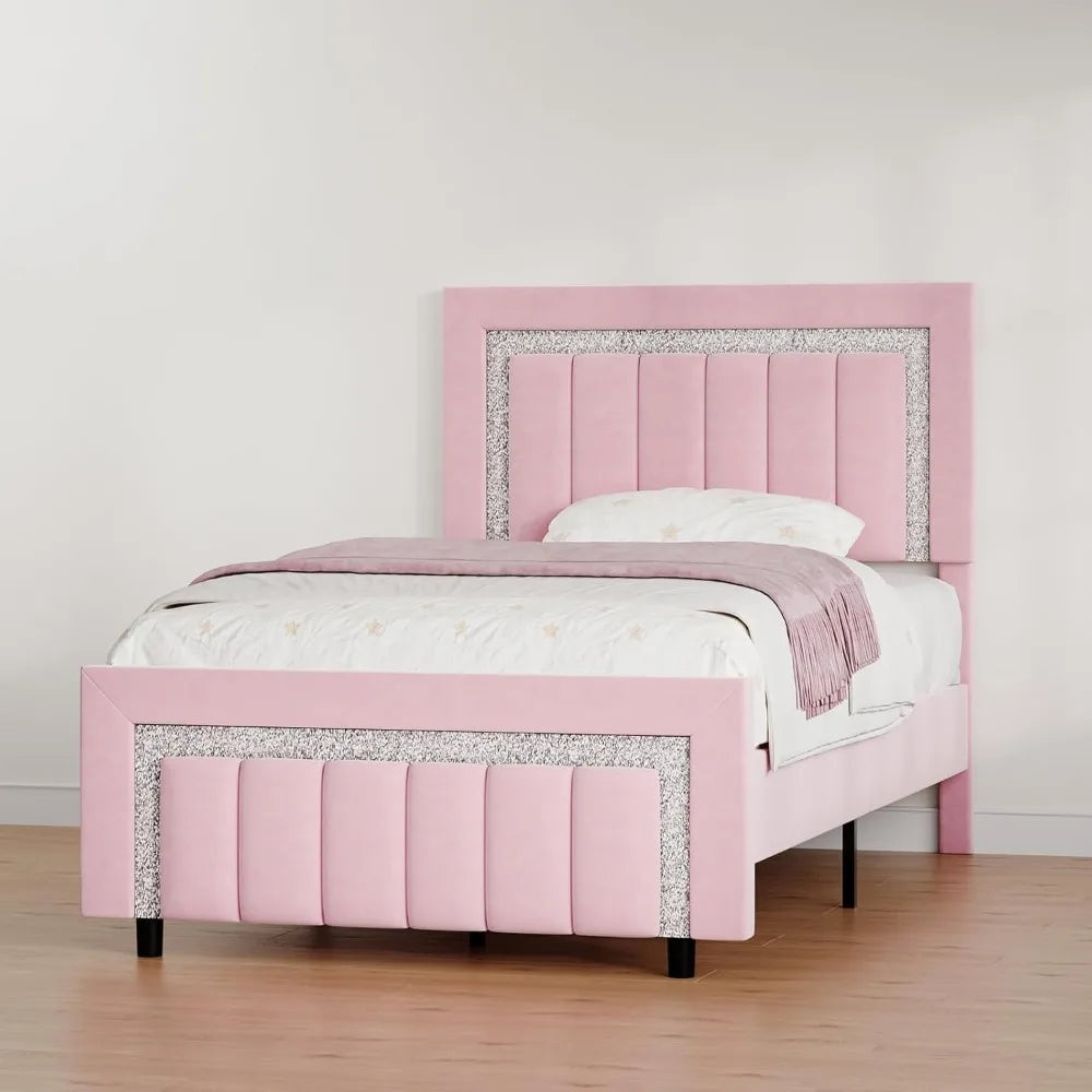 Marcos de cama individuales con cabecero, marco de cama tapizado en rosa con cabecero de terciopelo con canal vertical en forma de diamante, marcos de cama individuales