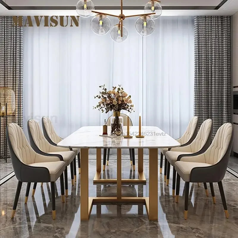 Mesa rectangular para comedor de 6 personas, estilo europeo, de mármol, moderna, para apartamento grande, de acero, muebles de lujo ligeros, base de acero