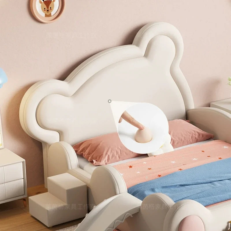 Cama doble de princesa suave para niñas, moderna y lujosa cama doble tipo loft para bebés, cama tamaño queen con iluminación, muebles infantiles para dormitorio