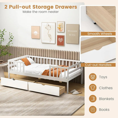 KOMFOTT Wood Twin Kids Bed Frame with 2 Pull-Out Drawers & Side Shelf, Twin Bed Frame with Fence Railings, No Box Spring Needed