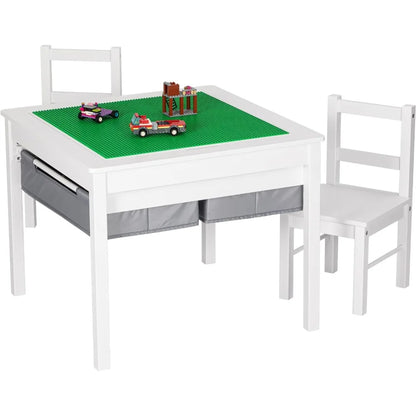 Ensemble de jeu de construction 2 en 1 en bois pour enfants avec table et 2 chaises avec tiroirs de rangement et plaque intégrée compatible