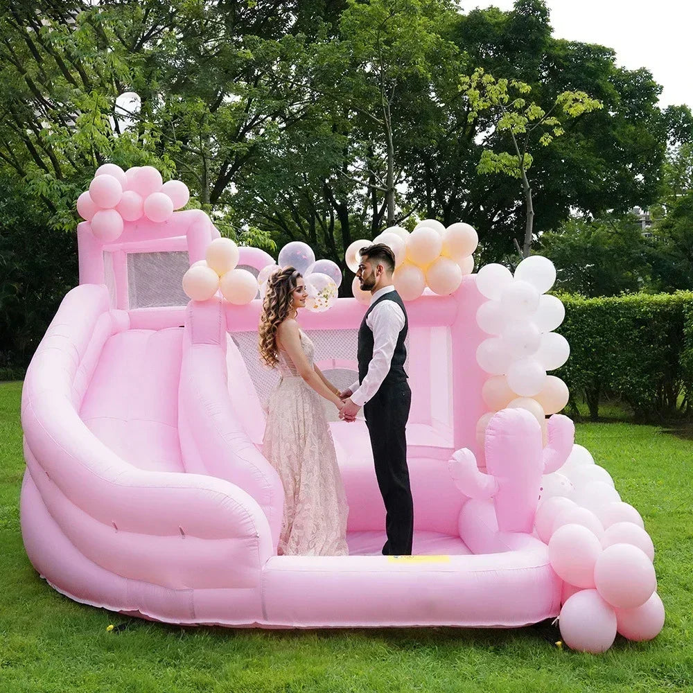 Trampoline de château de mariage gonflable rose Bounce House avec souffleur d'air Location d'événements de fête Jouet pour enfants Lit de saut en plein air