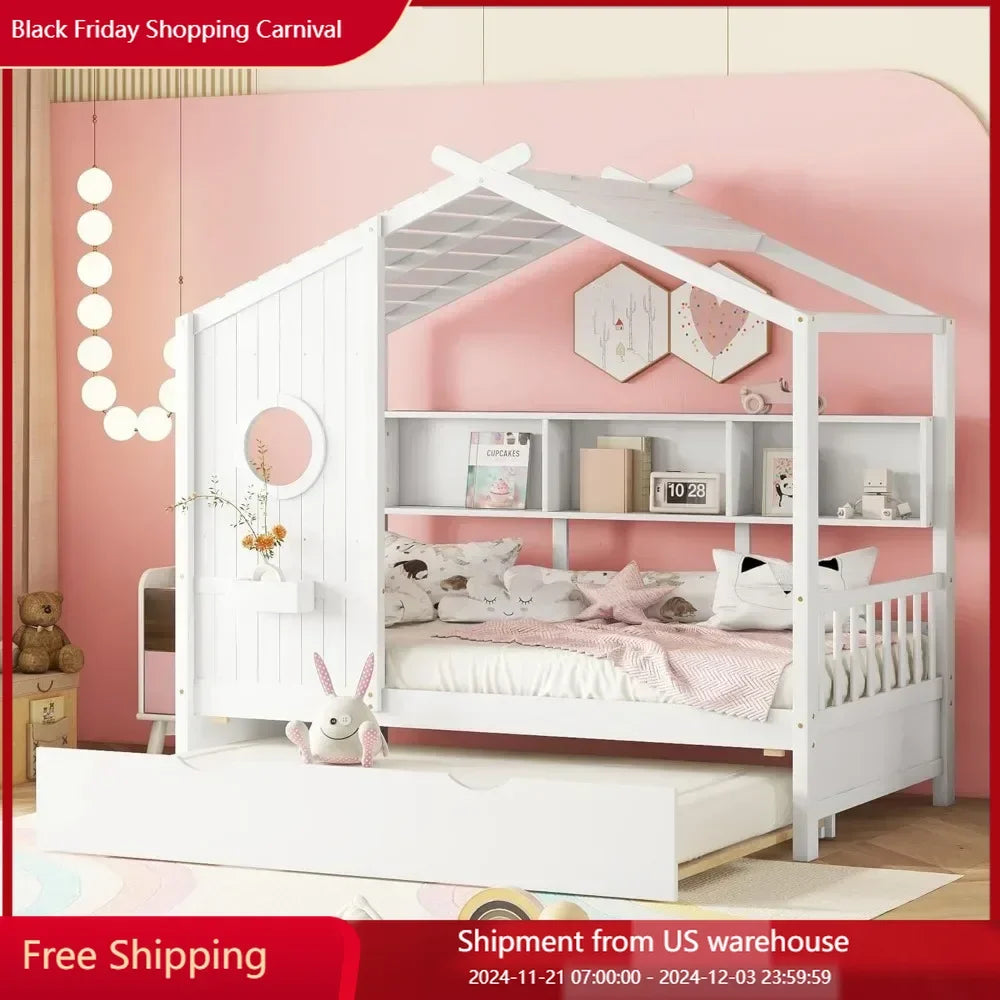 Twin Size Wooden House Bed with Trundle,Frame with Storage Shelf for Kids Wood Slat Support house shape Modern Design Kids Bed