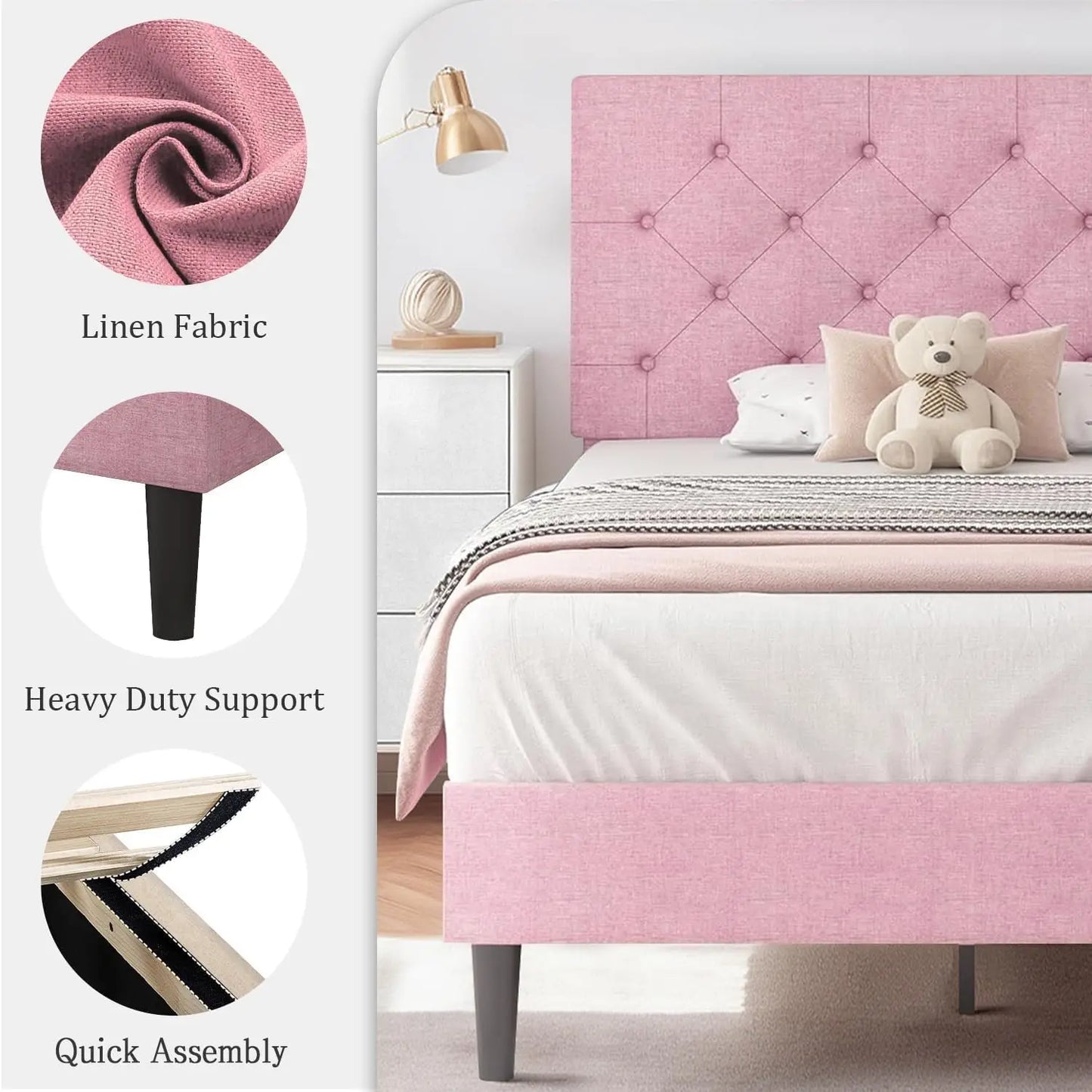 Twin Size Bed Frame, Linen Fabric Upholstered Twin Bed Frames with Headboard, Pink Twin Bed Frame with Wood Slats, Button