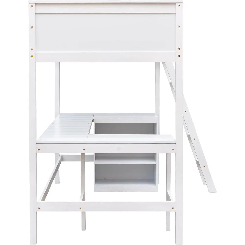 Lit mezzanine double avec étagères et bureau, lit mezzanine en bois avec bureau, pour enfants, adolescents, sans bruit, sans sommier, assemblage facile