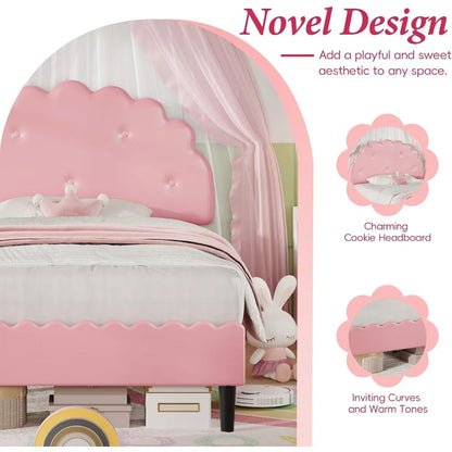 Twin Bed Frame, Upholstered Platform Bed with Button Tufted Headboard, Princess Kids Twin Bed Frames