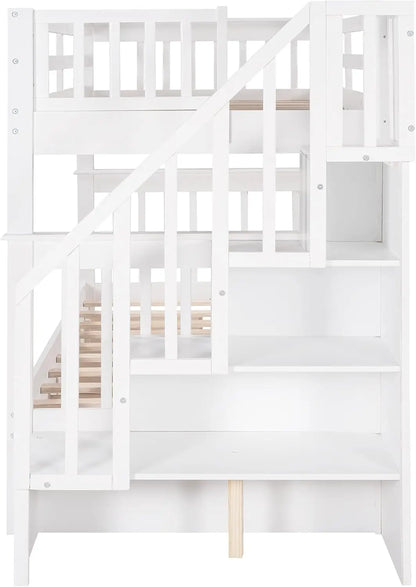 &amp; Bright Designs Lits superposés jumeaux avec tiroirs de rangement et escaliers Cadre de lit superposé en bois pour enfants garçons filles adolescents, blanc