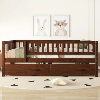 Twin Size Daybed with Two Drawers, Wood Kids Twin Platform Bed Frame with Storage and Rails, No Box Spring Needed, Easy Assembly