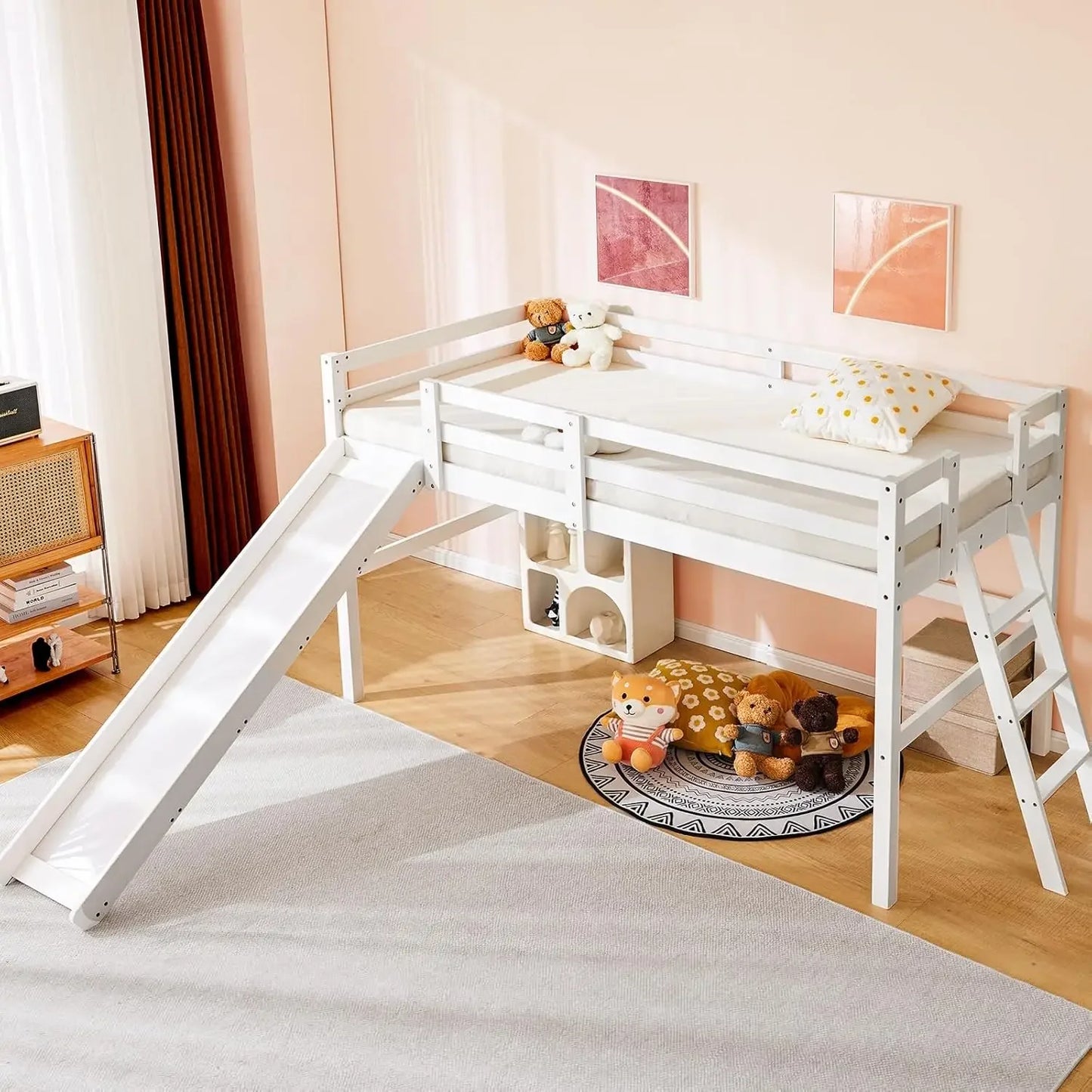 Cama alta con tobogán, dos camas individuales, cama alta baja que ahorra espacio para niños con barandilla y escalera, madera de pino y estructura de cama resistente para niños y