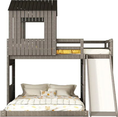 Kids with Playhouse Design, Wood Toddler Bunk Beds with Roof,Windows and Ladder for Boys or Girls,Antique Gray