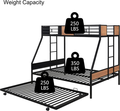 Literas dobles sobre camas matrimoniales con cama nido, estructura de cama de metal resistente con riel de seguridad y 2 escaleras laterales para niños, niñas y adultos