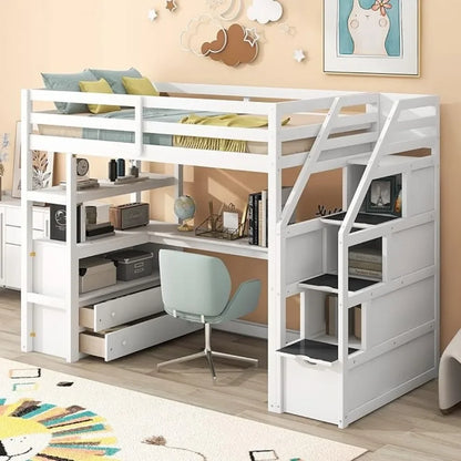 Cama tipo loft con escalera de tamaño doble, escritorio en forma de L, estantes, cajones de dos niveles y escalera de almacenamiento, camas para niños