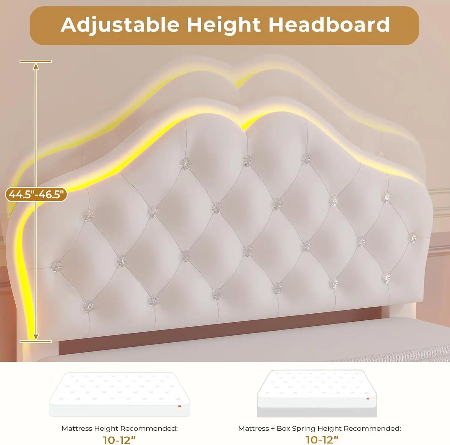 Twin Bed Frame with LED Lights, Princess Bed Frame with Adjustable Crystal Button Headboard, Velet Upholstered Plat