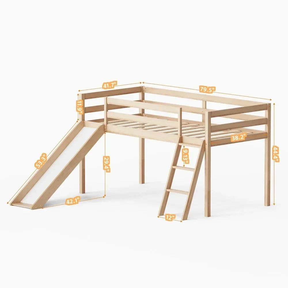 Cama alta baja con tobogán, escalera de escalada intercambiable y espacio de almacenamiento para niños pequeños, estructura de cama alta de madera para dos personas