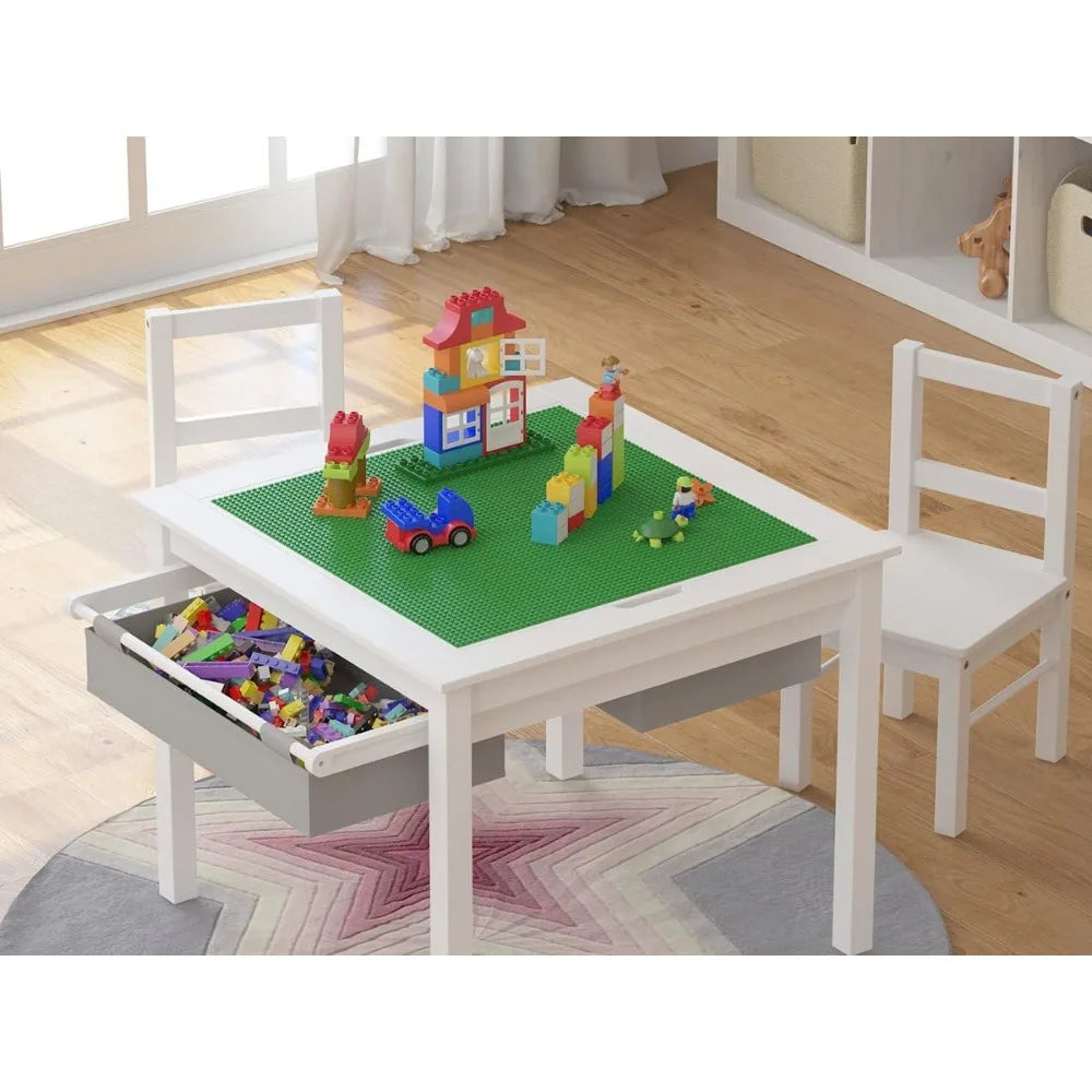 Ensemble de jeu de construction 2 en 1 en bois pour enfants avec table et 2 chaises avec tiroirs de rangement et plaque intégrée compatible