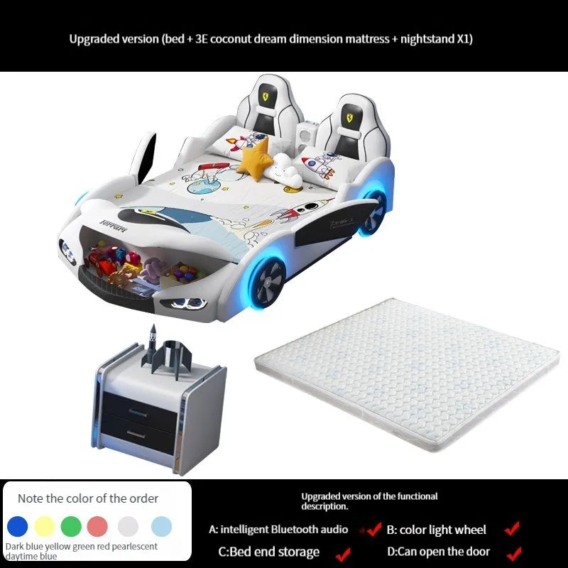 Multifunctional Car-Shaped Children's Bed For Boy Kids Wood Frame Bedroom Versatile Cartoon Stylish Bed With 2 Bedside Tables