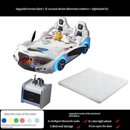 Cama infantil multifuncional con forma de coche para niños, marco de madera, dormitorio, cama versátil con dibujos animados y estilo con 2 mesitas de noche