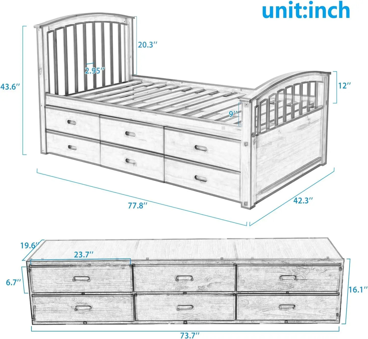 Twin Size Bed Frame with 6 Storage Drawers, Wood Bed Frame with Headboard and Footboard for Bedroom, Twin Captain Bed for Kids A