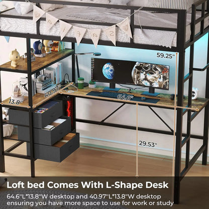 Twin Metal Loft Bed with L-Shaped Desk, LED Lights,Charging Station LED Loft Bed Frame Twin Size with 3 Storage Shelves and 3 Fa