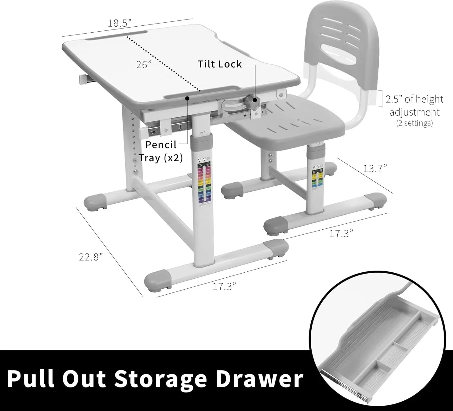 Ensemble bureau et chaise pour enfants VIVO gris à hauteur réglable | Poste de travail interactif pour enfants