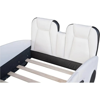 Cama de coche de tamaño doble, plataforma con forma de coche de carreras, estructura de madera con ruedas y soporte de listones en ambos lados, muebles de cama para niños