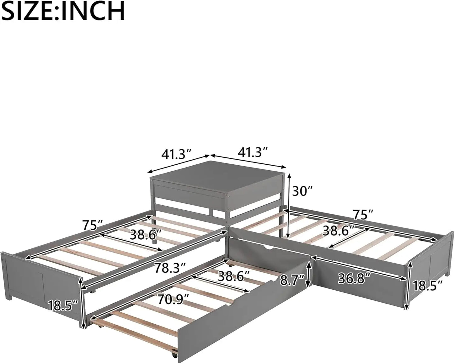 Cama de plataforma en forma de L con nido y cajones conectados con escritorio incorporado, cama de esquina de madera con 3 camas individuales para niños, niñas y niños